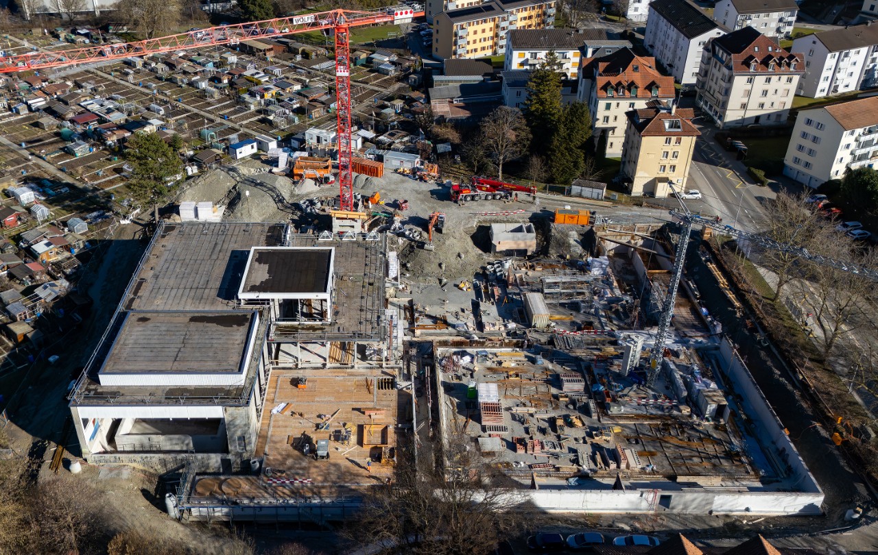Drohnenaufnahme der Baustelle vom 5. März 2026. Foto: Andi Keller Fotografie