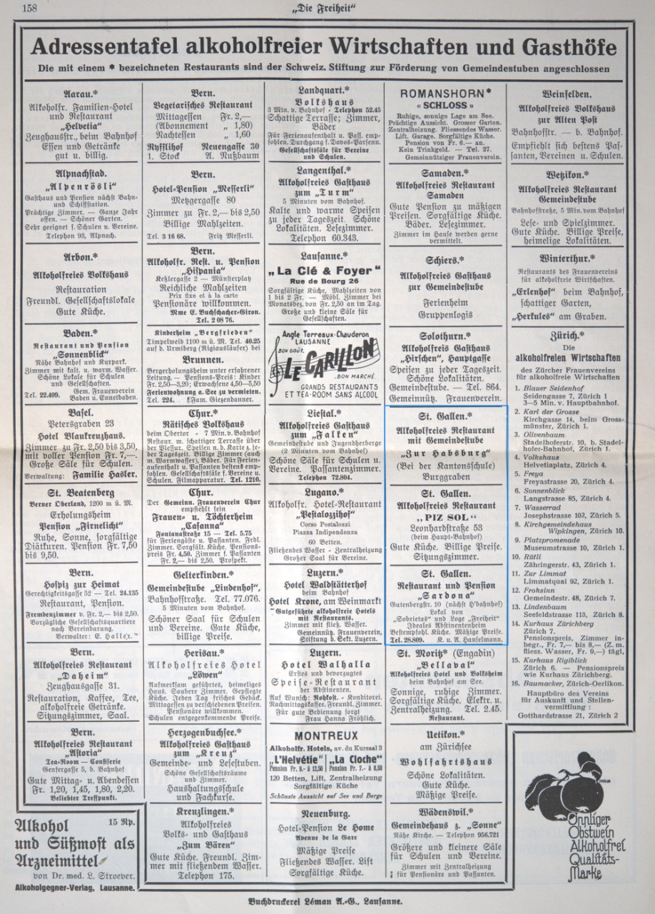 Das alkoholkritische Blatt «Die Freiheit» zeigte in seiner Zeitung jeweils eine kleine Auswahl der alkoholfreien Wirtschaften und Gasthöfe: St.Gallen ist mit drei Restaurants vertreten. 