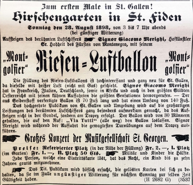 Zeitungsannonce aus der Ostschweiz vom 28.08.1898