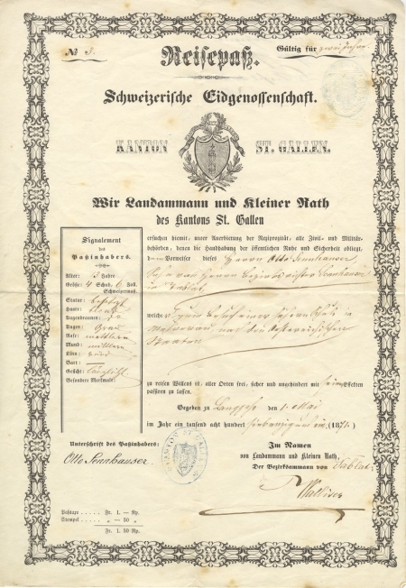 Reiespass von Otto Sennhauser, ausgestellt am 1. Mai 1881