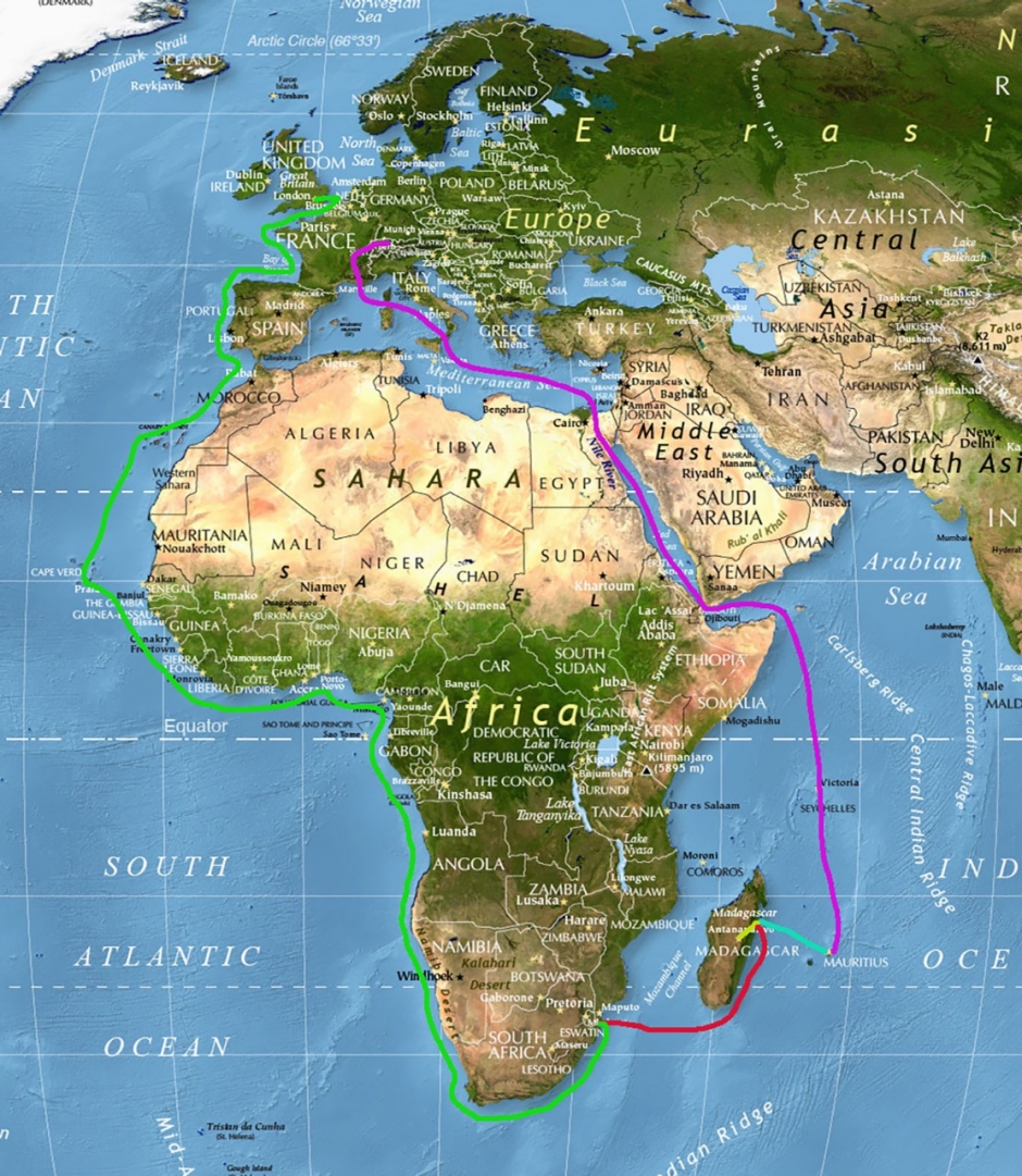 Weltkarte mit Reiserouten