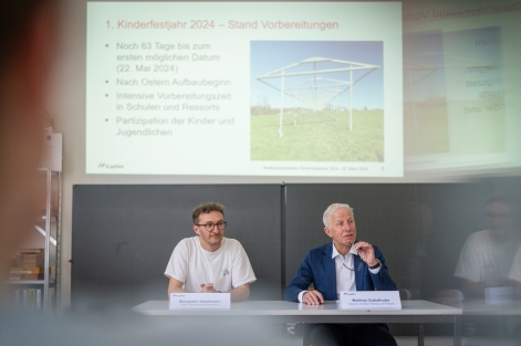 Benjamin Hanimann und Mathias Gabathuler bei der Pr&auml;sentation des neuen Kinderfestplakats