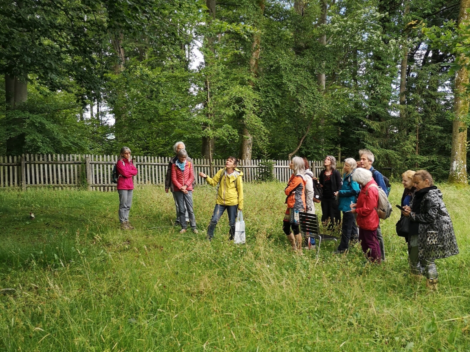 Gruppe von Erwachsenen auf einer Wiese, im Rahmnen einer F&uuml;hrung zum Thema Natur