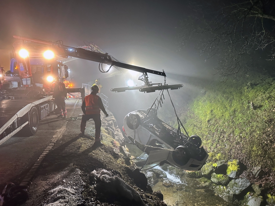 Berufsfeuerwehr bergt Auto aus der Steinach